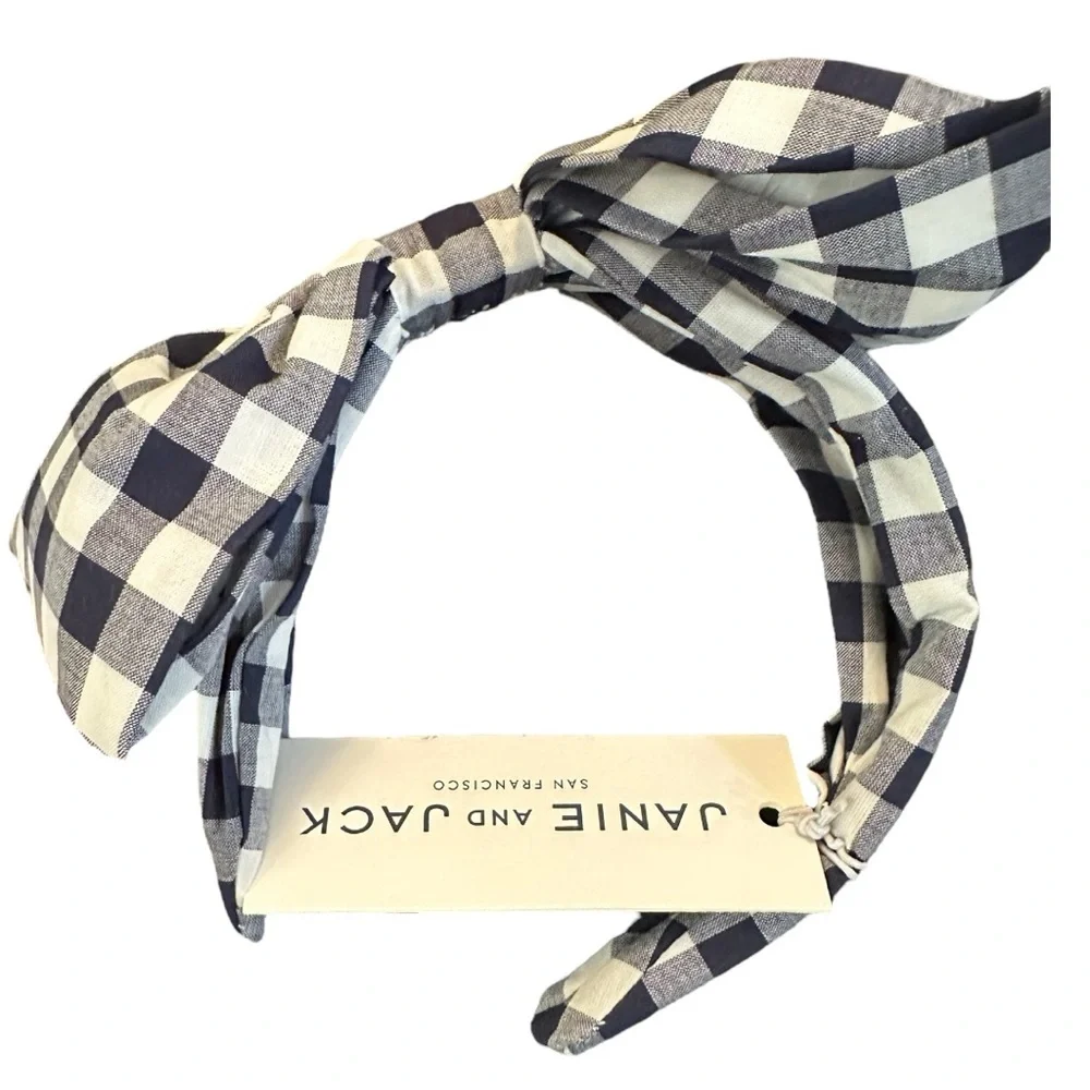 NWT Janie & Jack Hair Accessory Set Pink Bow Navy/White Gingham Headband